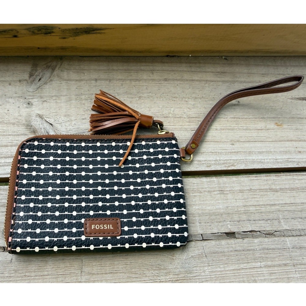 Fossil Logan RFID Zip-Around Clutch Wallet – Key Pattern – Brown Tassel